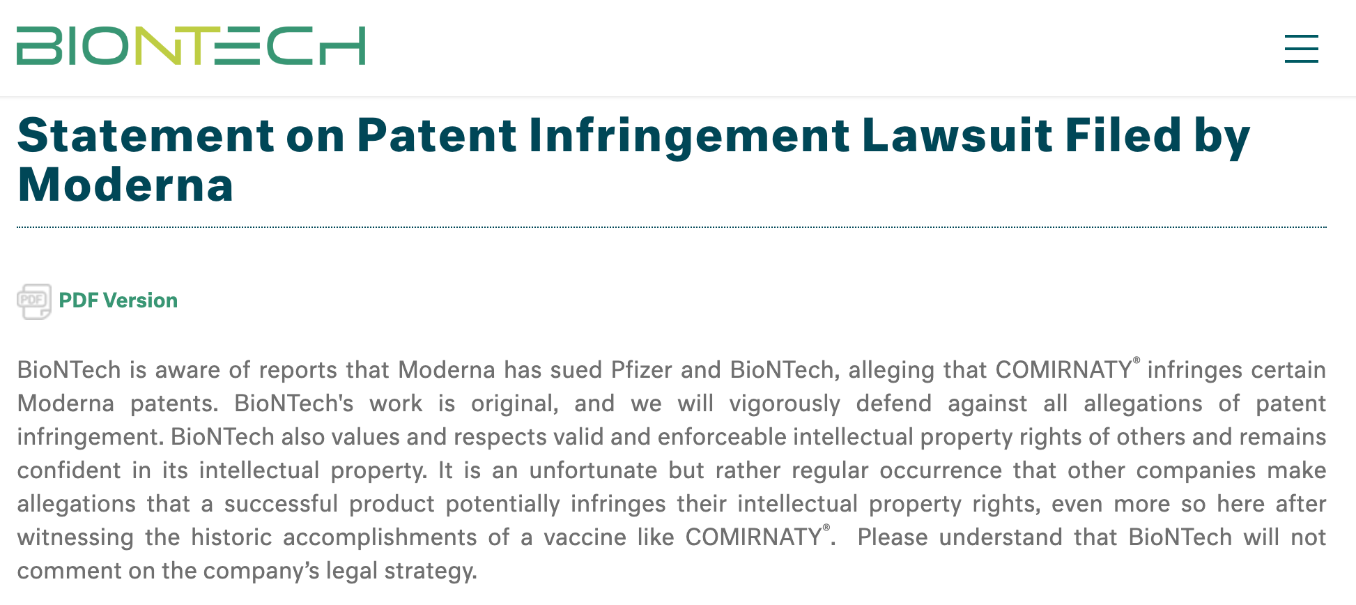 BioNTech回应遭莫德纳起诉专利侵权：对知识产权充满信心，将进行有力辩护
