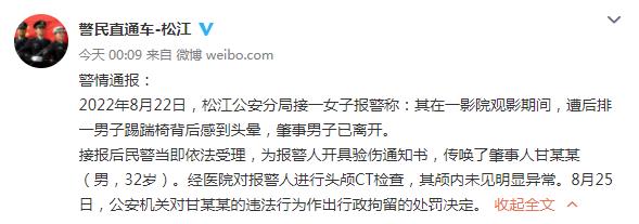 女子影院被熊孩子家长踹伤！警方通报：行政拘留