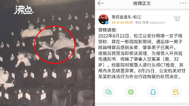 警方通报女子影院被孩家长踹椅背：女子颅内未见异常 涉事男子被行政拘留