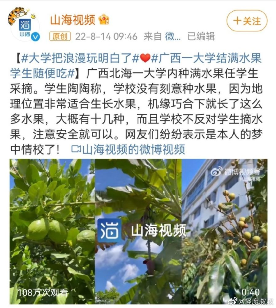 广西一大学结满水果学生随便吃 盘点那些凭实力宠学生的神仙学校