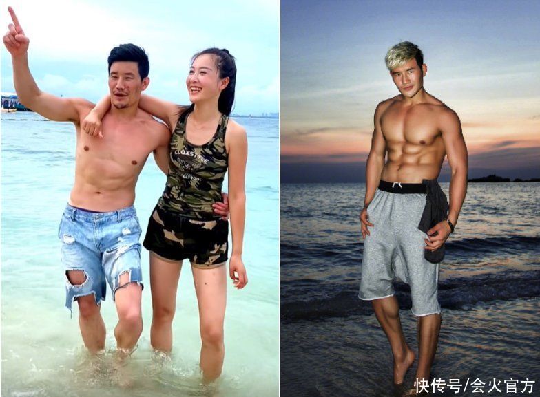 嘎子哥光膀子搂着媳妇，媳妇穿吊带短裤秀好身材，开怀大笑出褶子