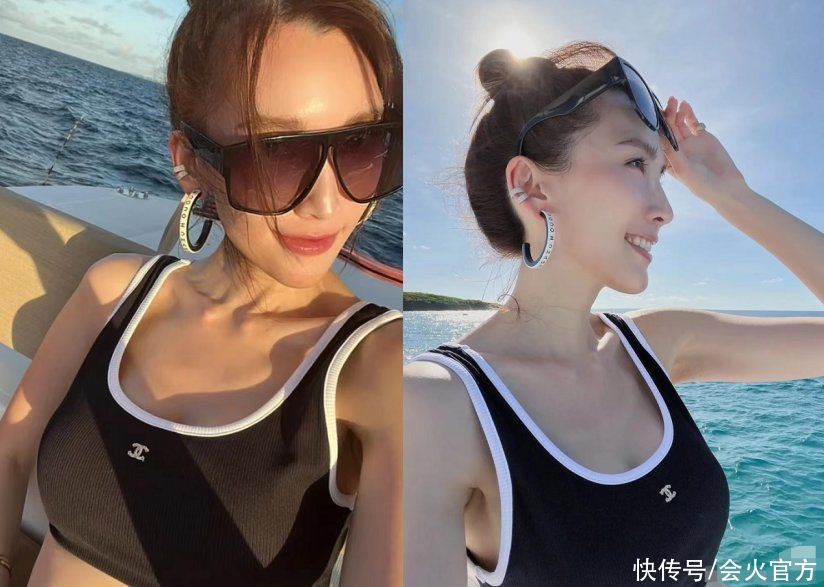 陈若仪穿运动内衣出海，坐游艇上大秀长腿，脚腕处一条链子太抢镜