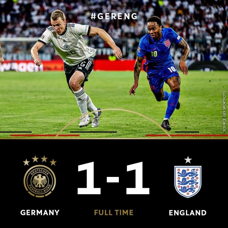 欧国联-凯恩点射50球里程碑霍夫曼破门 德国1-1英格兰