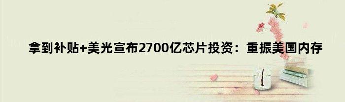 拿到补贴 美光宣布2700亿芯片投资：重振美国内存